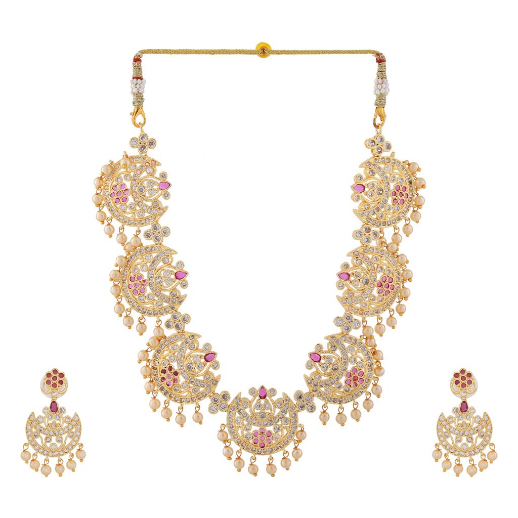 Estele Gold Plated Cz Splendid Flower Designer Necklace Set With Pearls For Women : AD-643-IGNKER