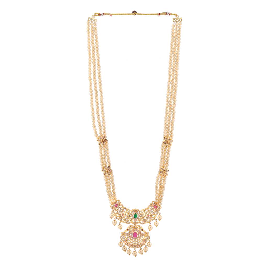 Estele Gold Plated Cz Majestic Moti Haar Necklace Set With Stones And Pearls For Women : AD-631-IGNKER