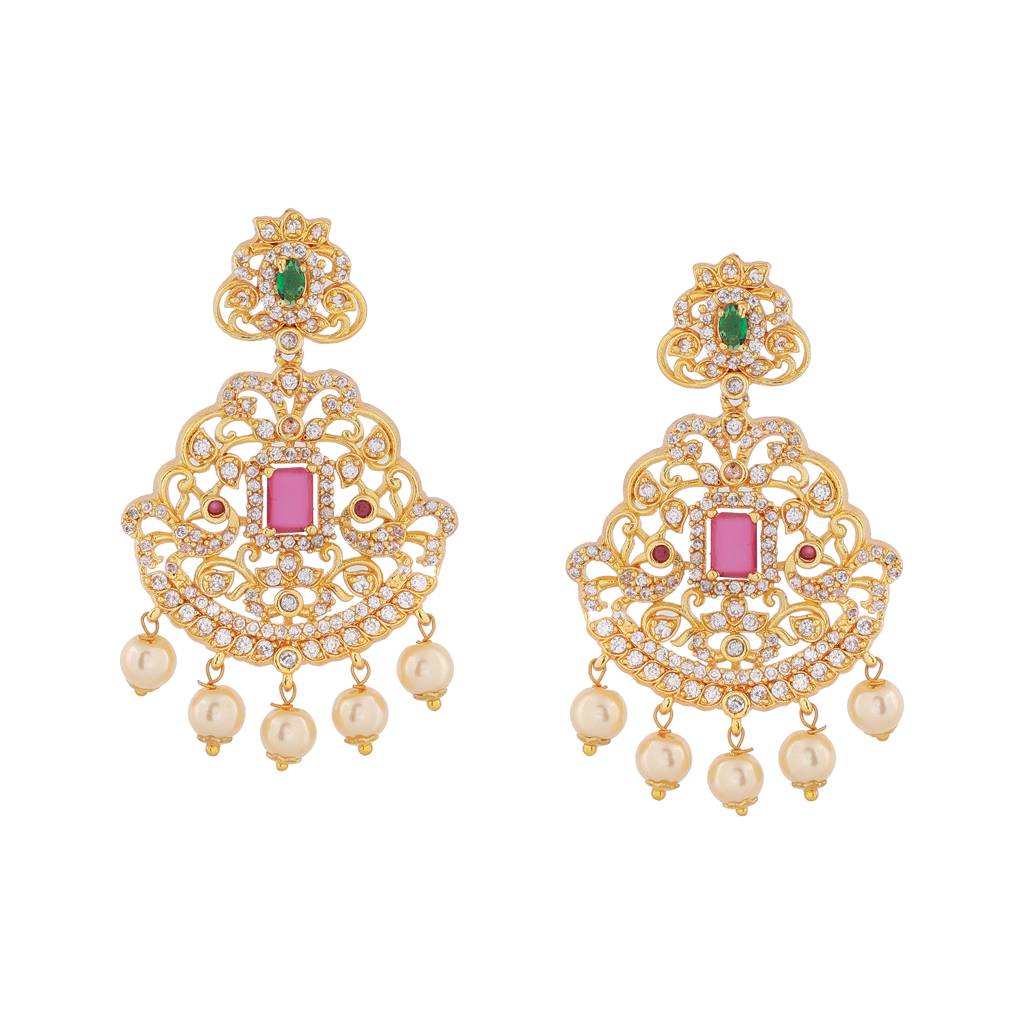 Estele Gold Plated Cz Majestic Moti Haar Necklace Set With Stones And Pearls For Women : AD-631-IGNKER