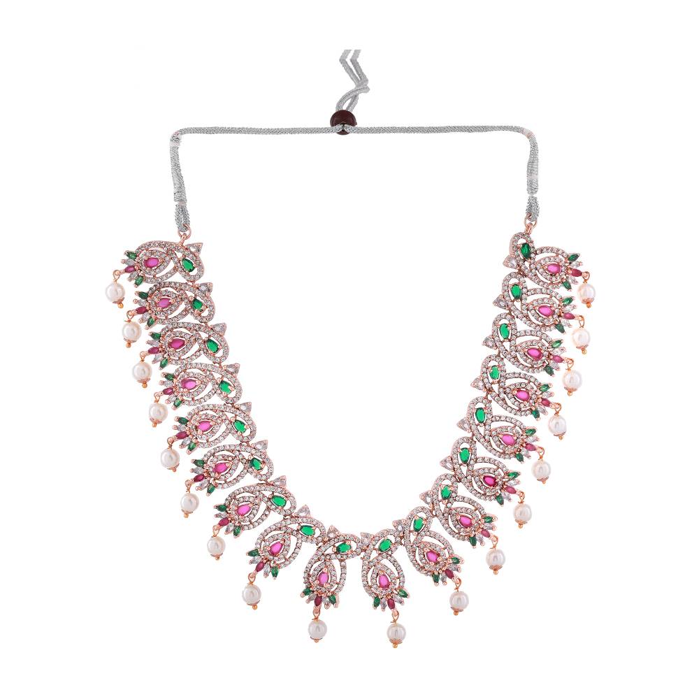 Estele Rose Gold Plated Cz Dazzling Designer Necklace Set With Pearls For Women : AD-654-RG-MCNKER