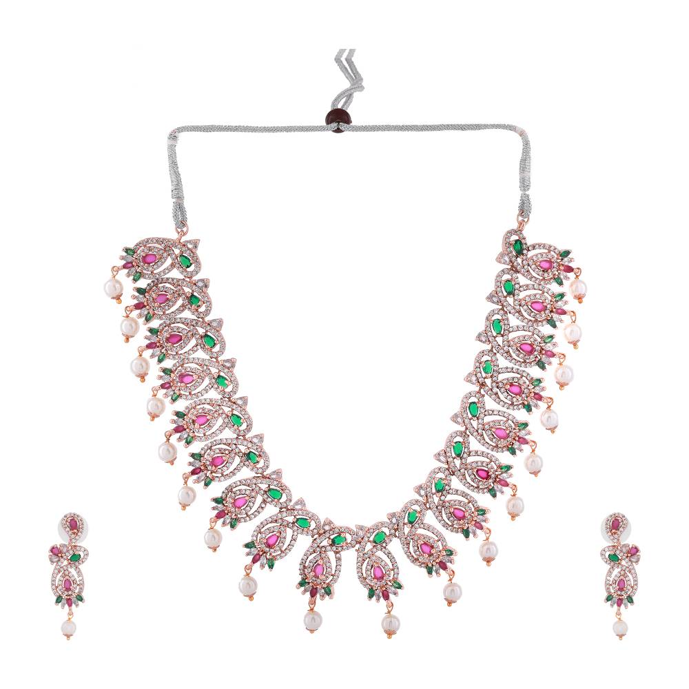 Estele Rose Gold Plated Cz Dazzling Designer Necklace Set With Pearls For Women : AD-654-RG-MCNKER