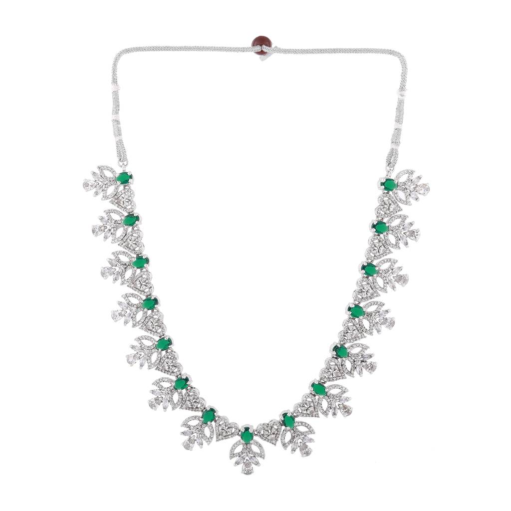 Estele Rhodium Plated Cz Green Glory Designer Necklace Set For Women : AD-640-IR-GNNKER