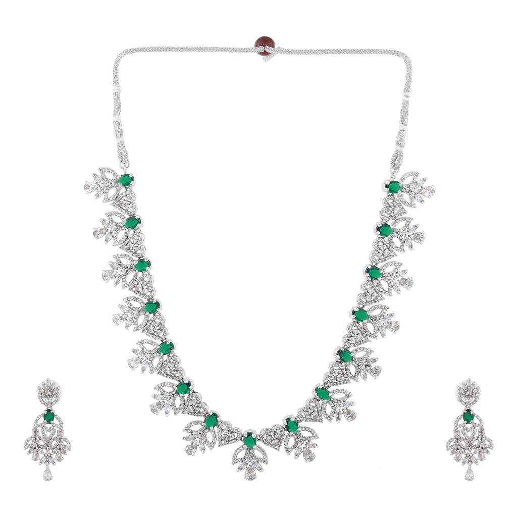 Estele Rhodium Plated Cz Green Glory Designer Necklace Set For Women : AD-640-IR-GNNKER