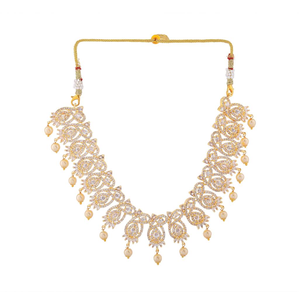 Estele Gold Plated Cz Scintillation Designer Necklace Set With Pearls For Women : AD-652-IGNKER