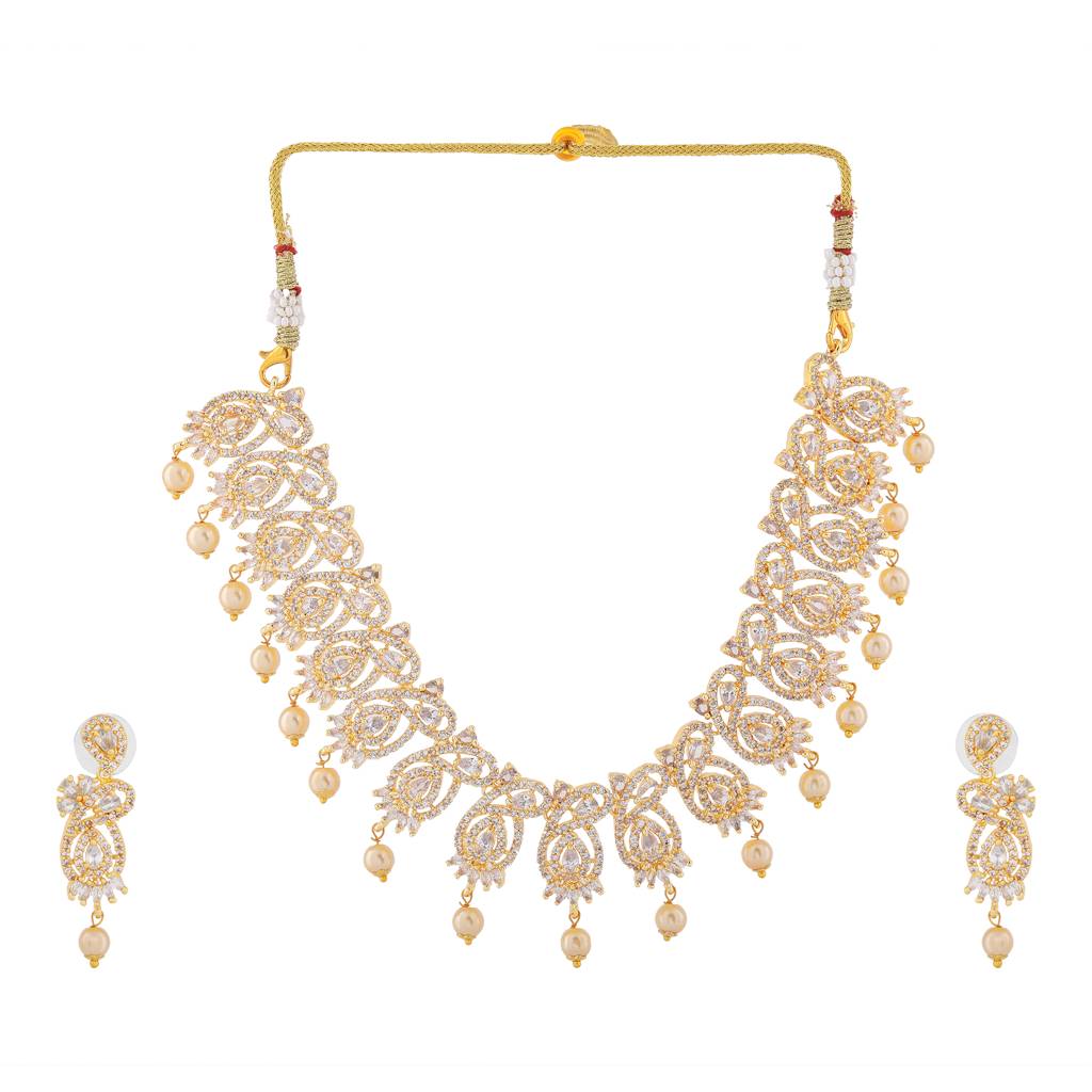Estele Gold Plated Cz Scintillation Designer Necklace Set With Pearls For Women : AD-652-IGNKER
