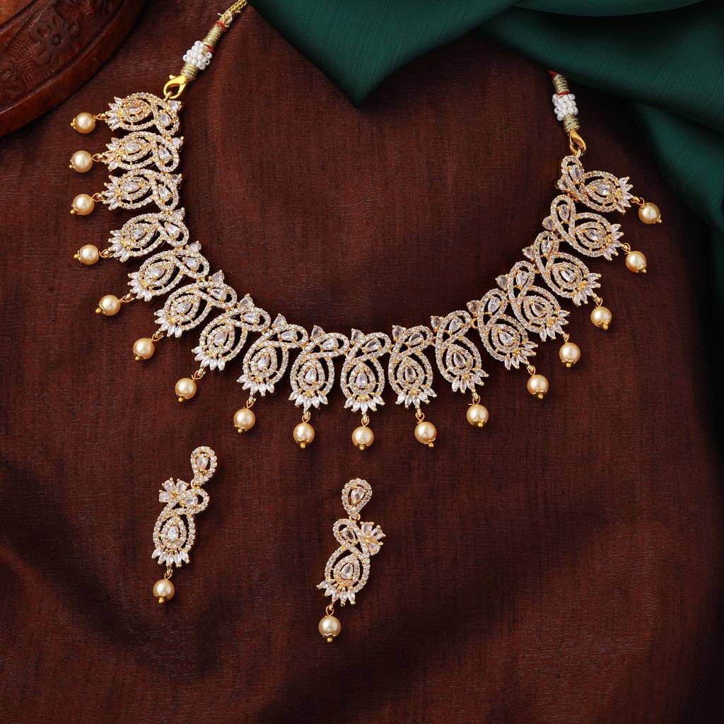 Estele Gold Plated Cz Scintillation Designer Necklace Set With Pearls For Women : AD-652-IGNKER