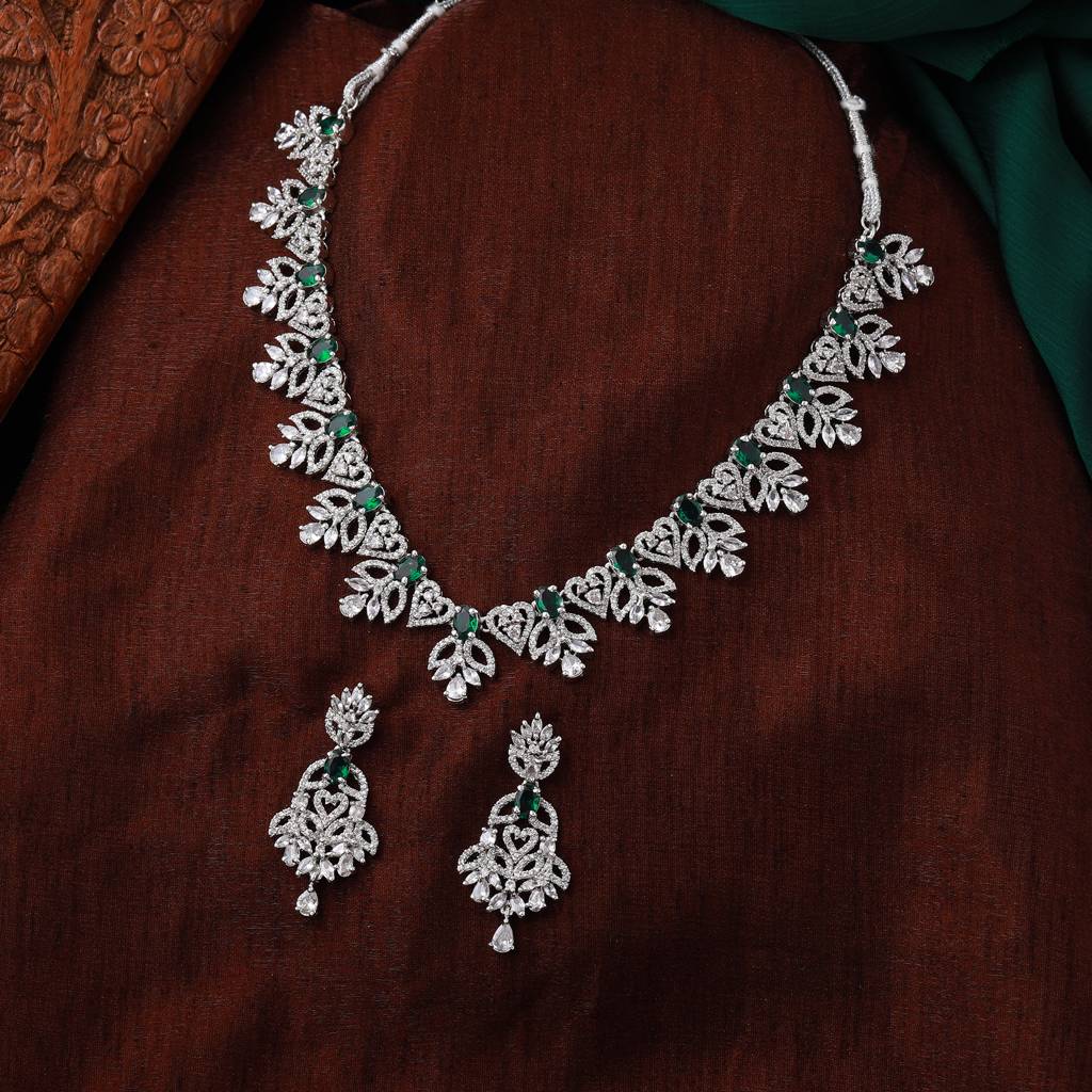 Estele Rhodium Plated Cz Green Glory Designer Necklace Set For Women : AD-640-IR-GNNKER