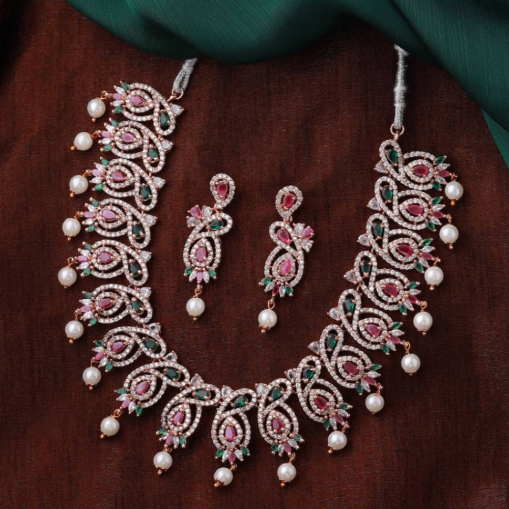 Estele Rose Gold Plated Cz Dazzling Designer Necklace Set With Pearls For Women : AD-654-RG-MCNKER