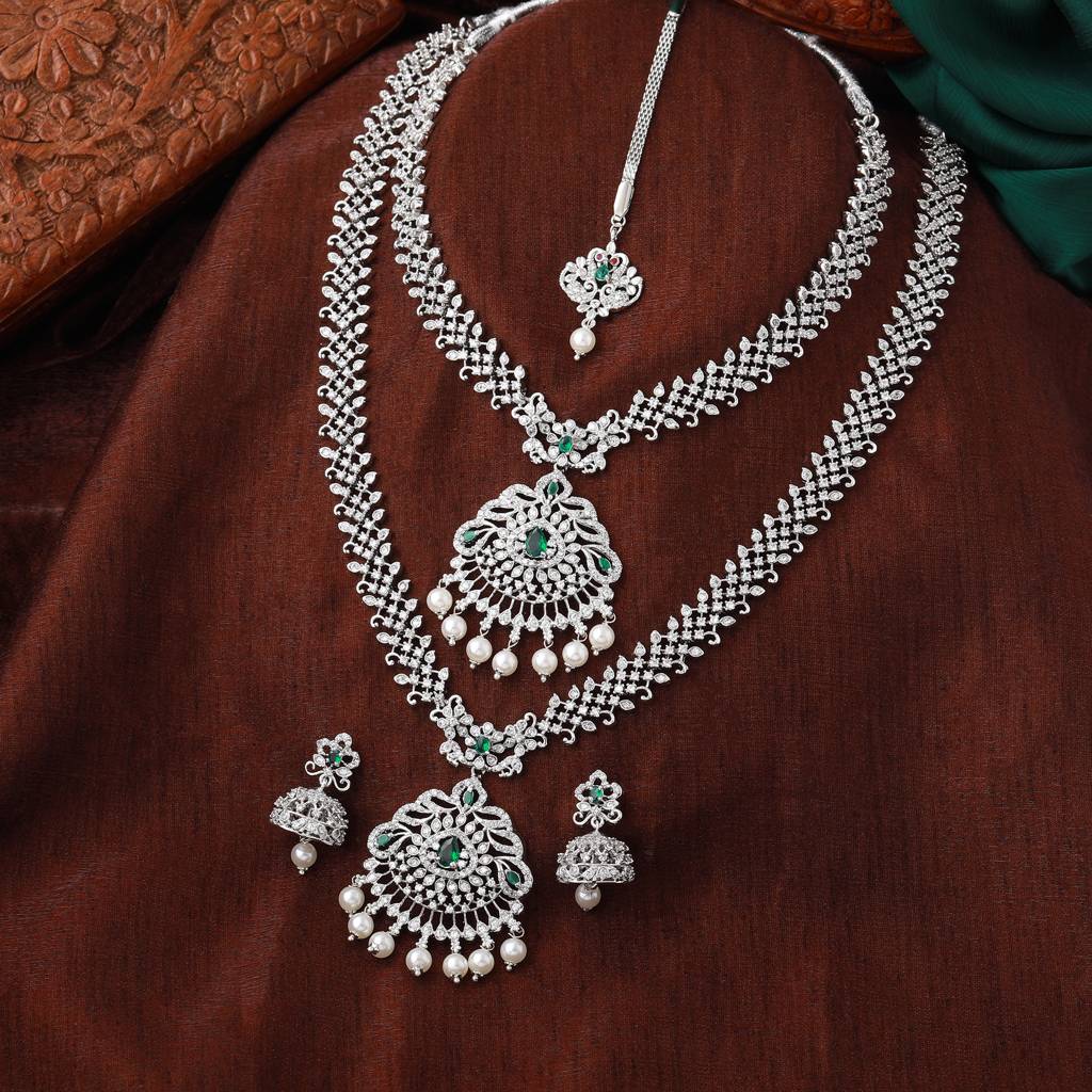 Estele Rhodium Plated Cz Fascinating Designer Bridal Necklace Set Combo For Women : AD-625-IRNKER