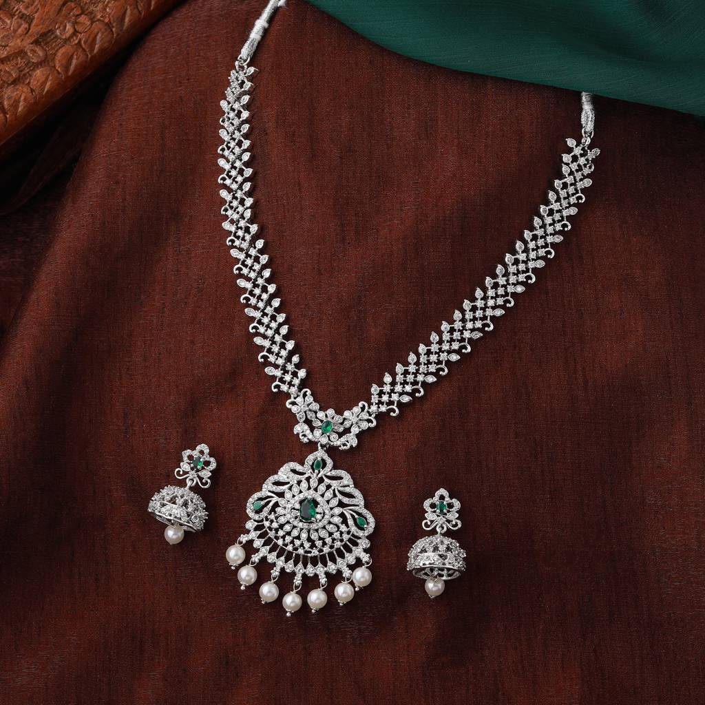 Estele Rhodium Plated Cz Sparkling Necklace Set With Pearls For Women : AD-627-IRNKER