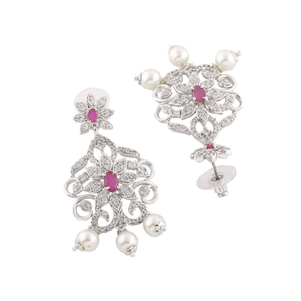 Estele Rhodium Plated Cz Fascinating Drop Earrings With Pearl & Pink Crystals For Women : AD-553A-IR-ERER