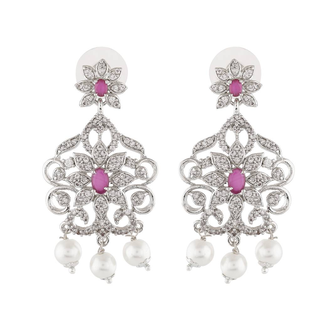 Estele Rhodium Plated Cz Fascinating Drop Earrings With Pearl & Pink Crystals For Women : AD-553A-IR-ERER
