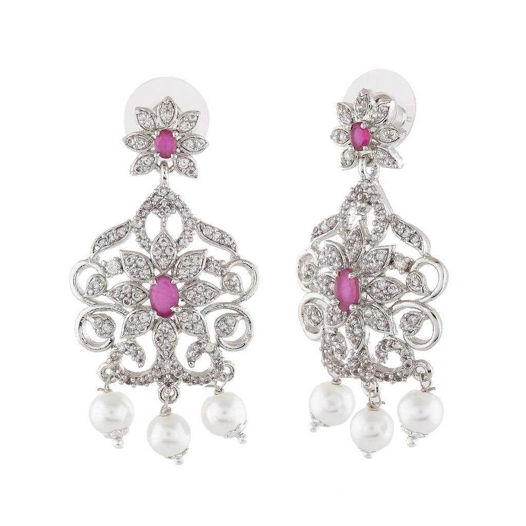 Estele Rhodium Plated Cz Fascinating Drop Earrings With Pearl & Pink Crystals For Women : AD-553A-IR-ERER