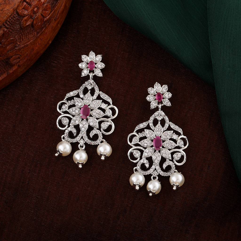 Estele Rhodium Plated Cz Fascinating Drop Earrings With Pearl & Pink Crystals For Women : AD-553A-IR-ERER