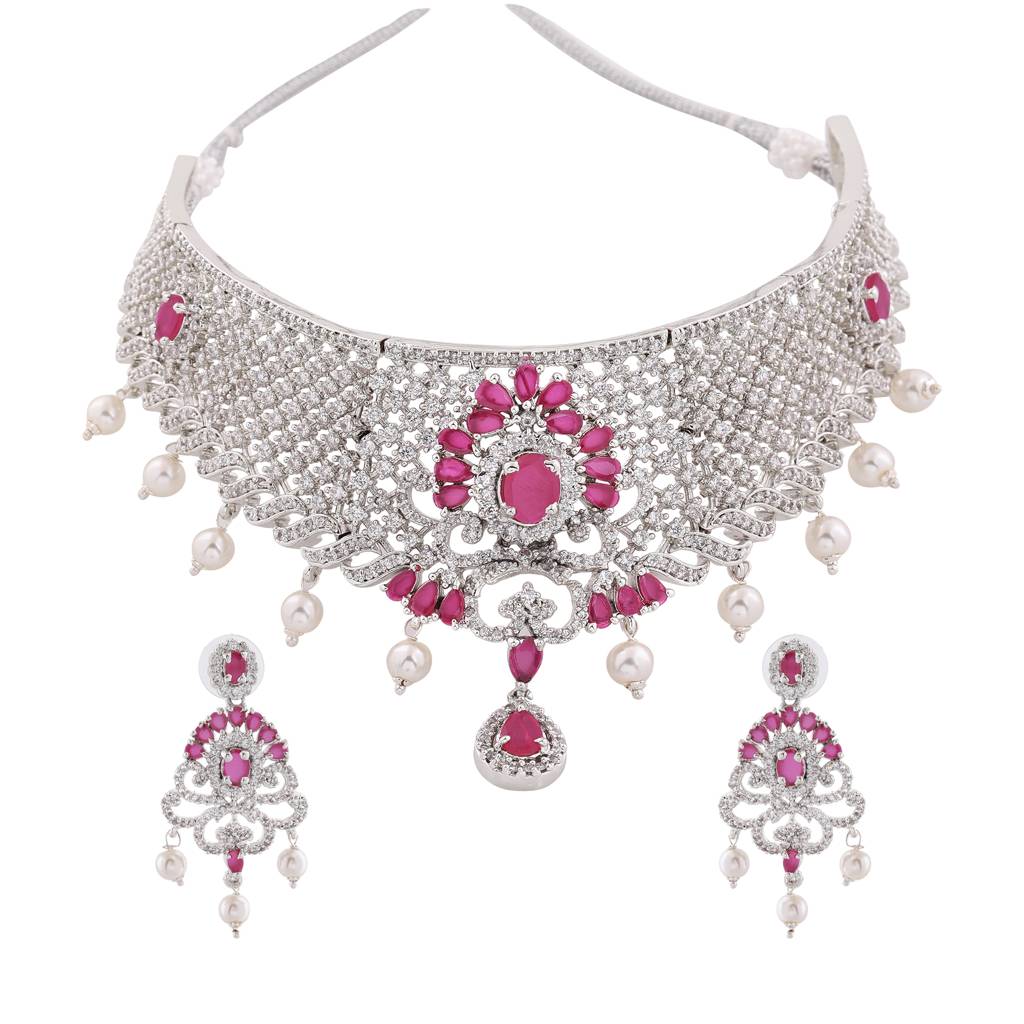 Estele Rhodium Plated Cz Traditional Bridal Choker Set With Pearls And Crystals For Women (Set Of 2) : AD-555-IRNKER