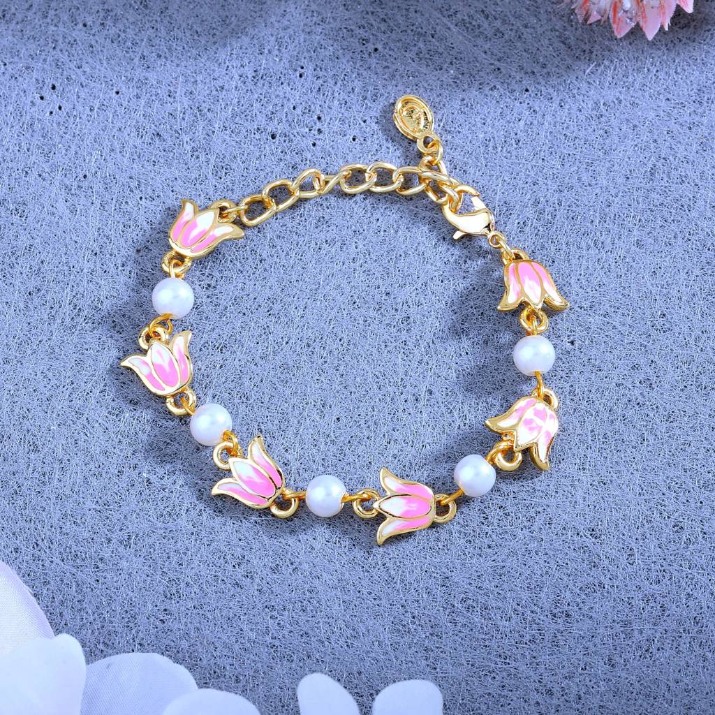 Estele Gold Plated Elegant Lotus Designer Adjustable Link Bracelet With Pearls & Pink Enamel For Girl'S & Women : 102175-IGBR