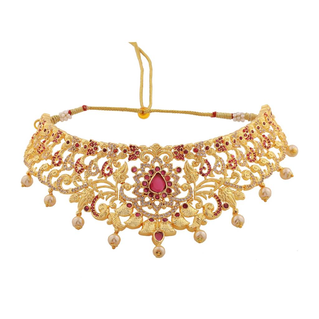 Estele Gold Plated Cz Magnificent Bridal Choker Necklace Set With Pearls For Women (Set Of 2) : AD-549B-IGNKER