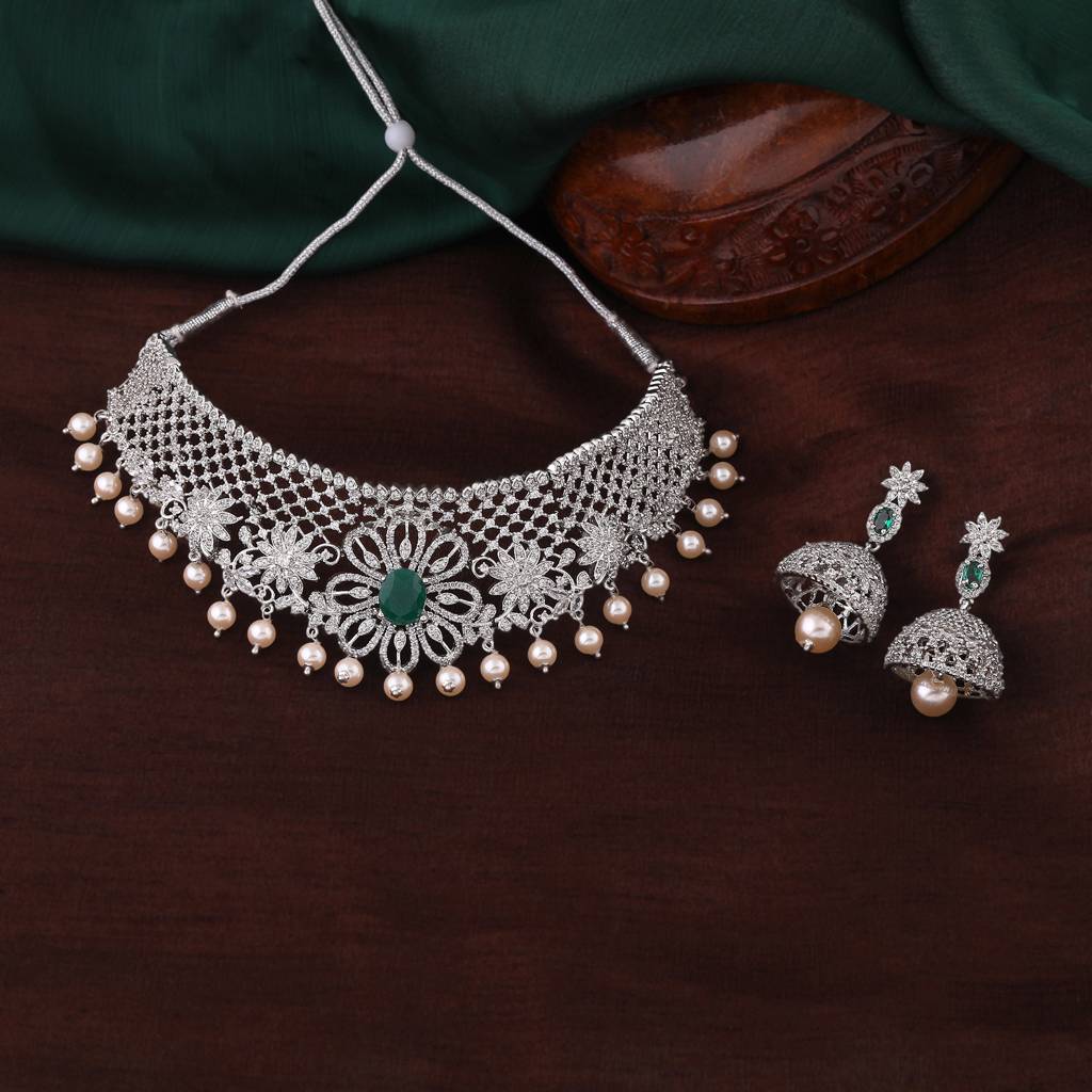 Estele Rhodium Plated Cz Floral Designer Bridal Choker Necklace