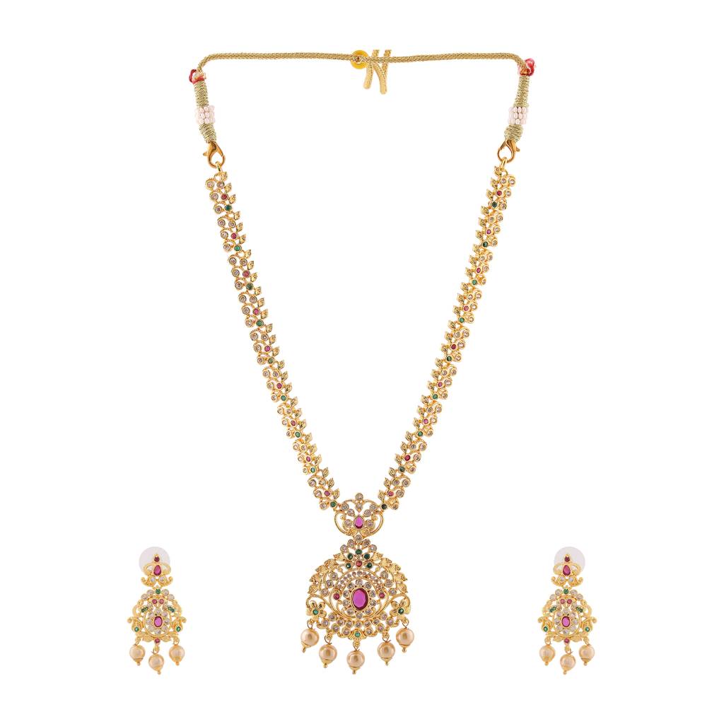 Estele Gold Plated Cz Ravishing Bridal Necklace Set With Pearls For Women : AD-601-IGNKER
