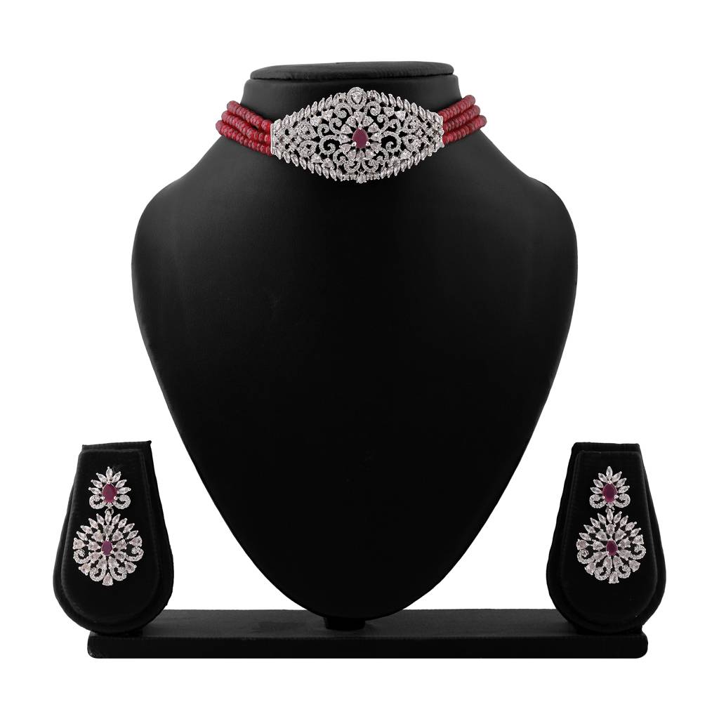 Estele Gold Plated Cz Elante Choker Necklace With Red Beads For Women (Set Of 2) : AD-560NKER