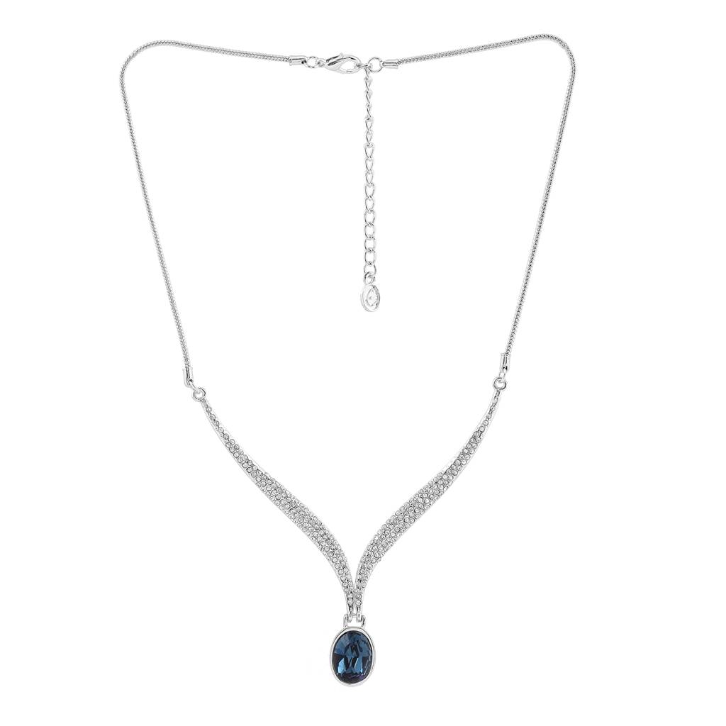 Estele Rhodium Plated Sleek Necklace With Crystals For Women (Set Of 2) : 8714NKER