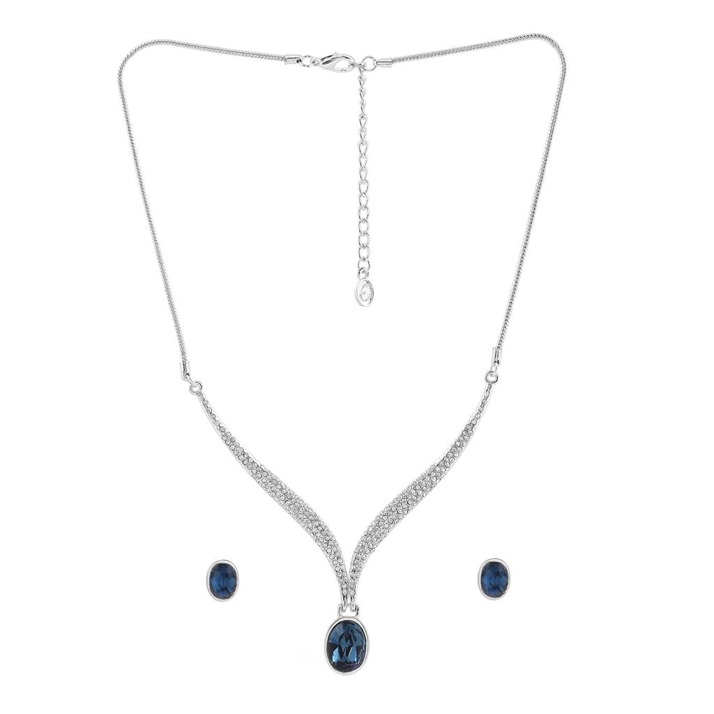 Estele Rhodium Plated Sleek Necklace With Crystals For Women (Set Of 2) : 8714NKER