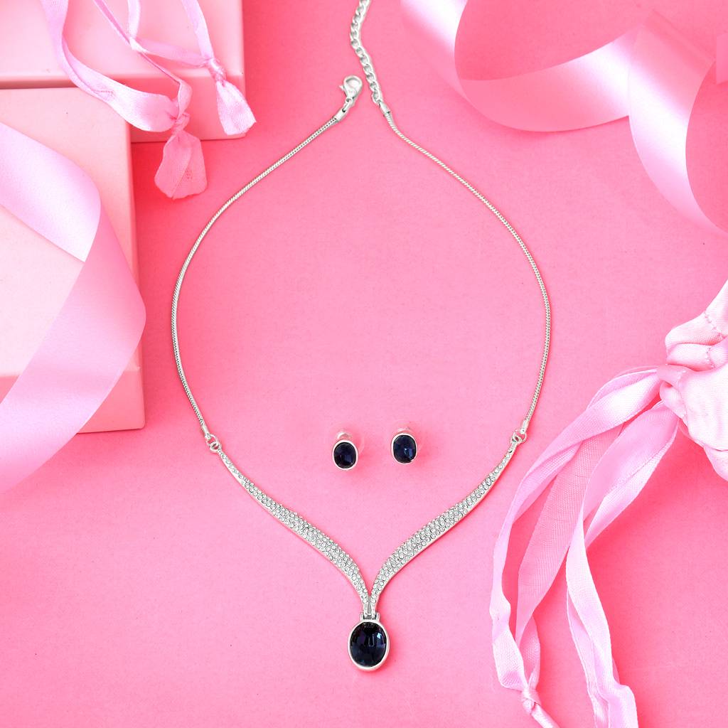 Estele Rhodium Plated Sleek Necklace With Crystals For Women (Set Of 2) : 8714NKER