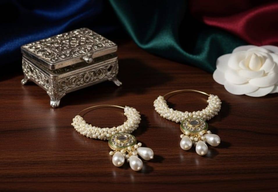 The Emerald Kundan & Pearl Beaded Hoop Earrings : BSJ-96