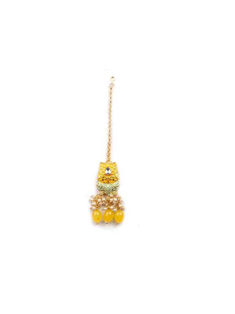 Dual Colour Kundan Meenakari Necklace Set With Earrings And Maangtika : Kundan08Yellow