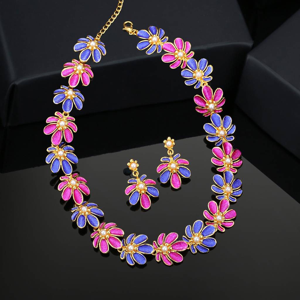 Estele Gold Plated Floret Designer Necklace Set With Pink & Blue Enamel For Women : 5973NKER