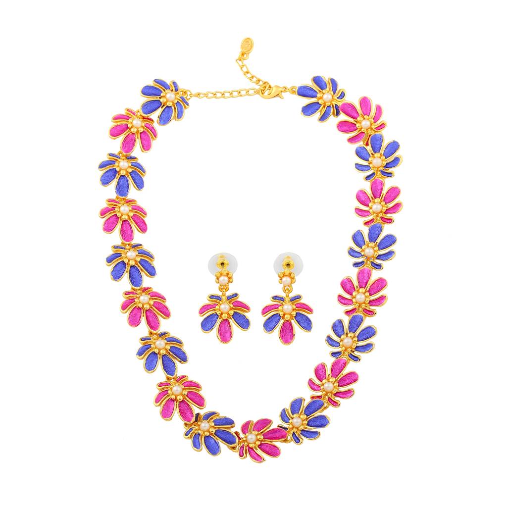 Estele Gold Plated Floret Designer Necklace Set With Pink & Blue Enamel For Women : 5973NKER