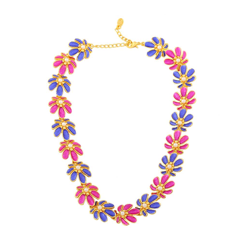 Estele Gold Plated Floret Designer Necklace Set With Pink & Blue Enamel For Women : 5973NKER