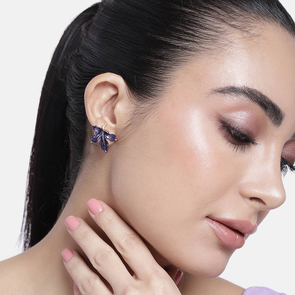 Estele Gold Plated Leafy Designer Stud Earrings With Purple Enamel For Women : 5980-ERER