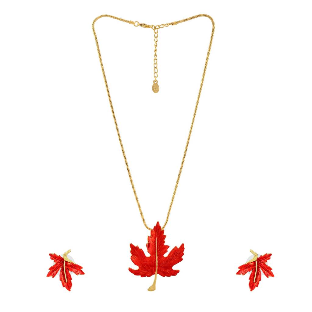 Estele Gold Plated Leaf Designer Necklace Set With Enamel For Women : 5980NKER
