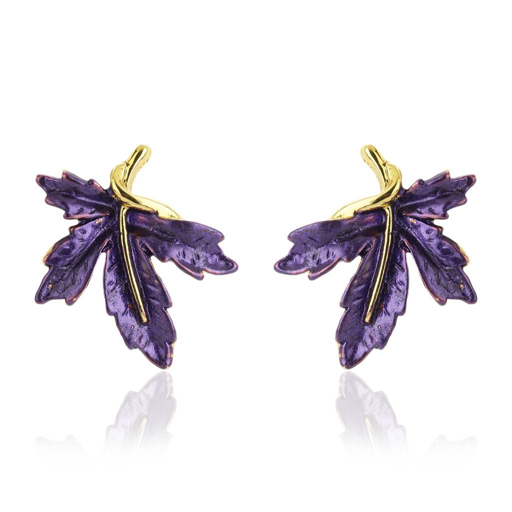 Estele Gold Plated Leafy Designer Stud Earrings With Purple Enamel For Women : 5980-ERER