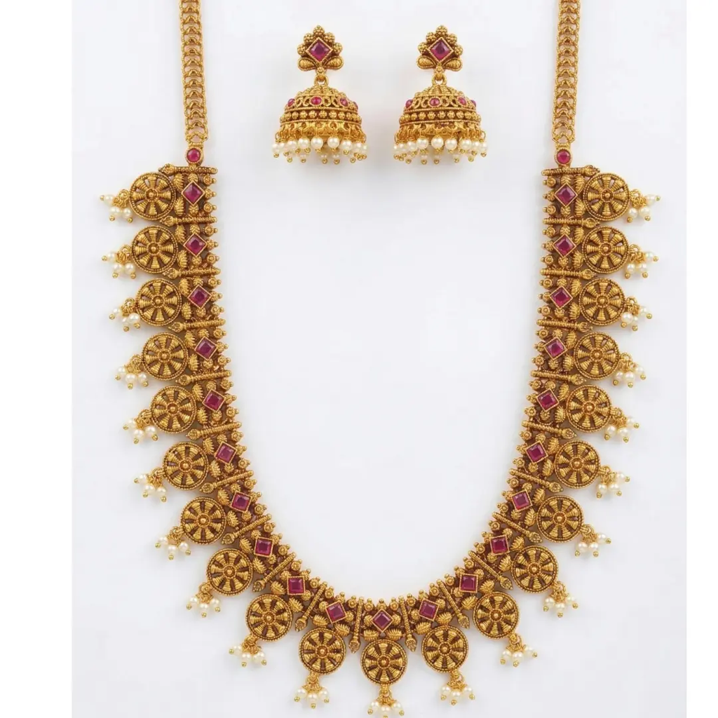 1 Gram Gold Plated Temple Jewellery Set | Chakra Wheel Pearl Fringe : K-1847