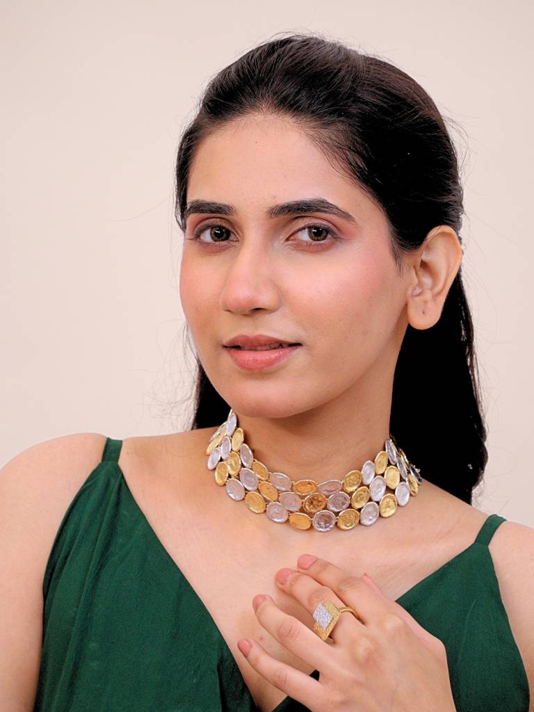 Dilruba Dual Tone Choker For Women Brass 18K Gold Plated Handmade : BJV015