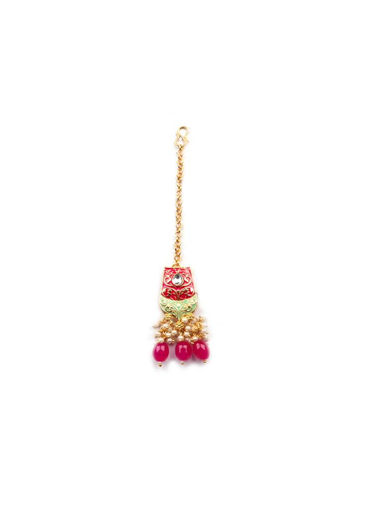 Dual Colour Kundan Meenakari Necklace Set With Earrings And Maangtika : Kundan08Pink