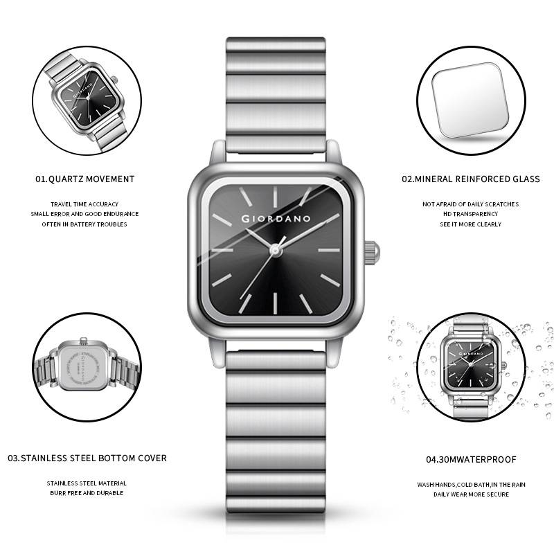 Giordano Classic Square Watch For Women Â Polished Stainless Steel Strap, Minimalist Compact Design-Gz-60098 : GZ-60098-11