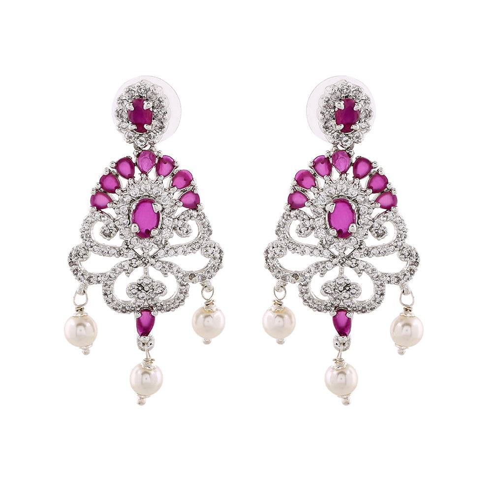 Estele Rhodium Plated Cz Tiara Earrings With Pearl & Ruby Crystals For Women : AD-555-IR-ERER