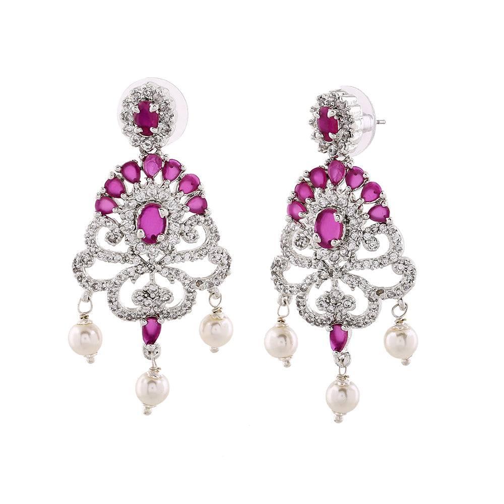 Estele Rhodium Plated Cz Tiara Earrings With Pearl & Ruby Crystals For Women : AD-555-IR-ERER