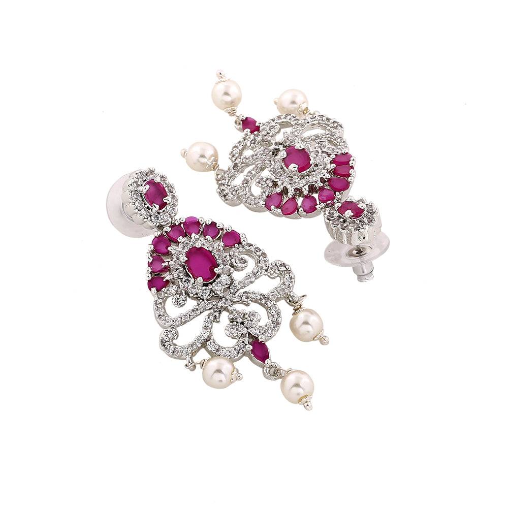 Estele Rhodium Plated Cz Tiara Earrings With Pearl & Ruby Crystals For Women : AD-555-IR-ERER