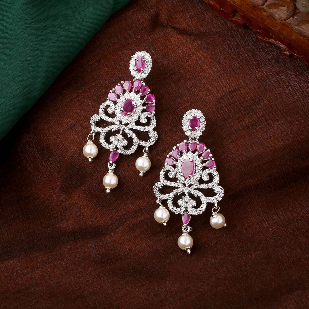Estele Rhodium Plated Cz Tiara Earrings With Pearl & Ruby Crystals For Women : AD-555-IR-ERER