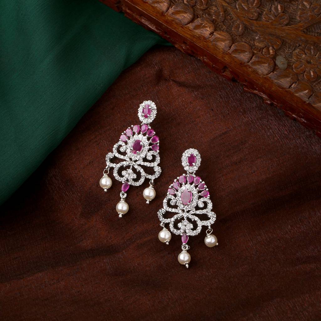 Estele Rhodium Plated Cz Tiara Earrings With Pearl & Ruby Crystals For Women : AD-555-IR-ERER