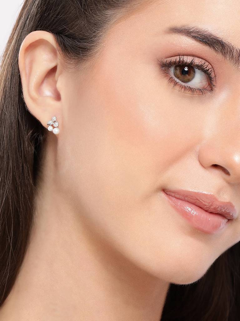 925 Sterling Silver Rhodium Plated Cz And Pearl Contemporary Mini Stud Earring : SILE609