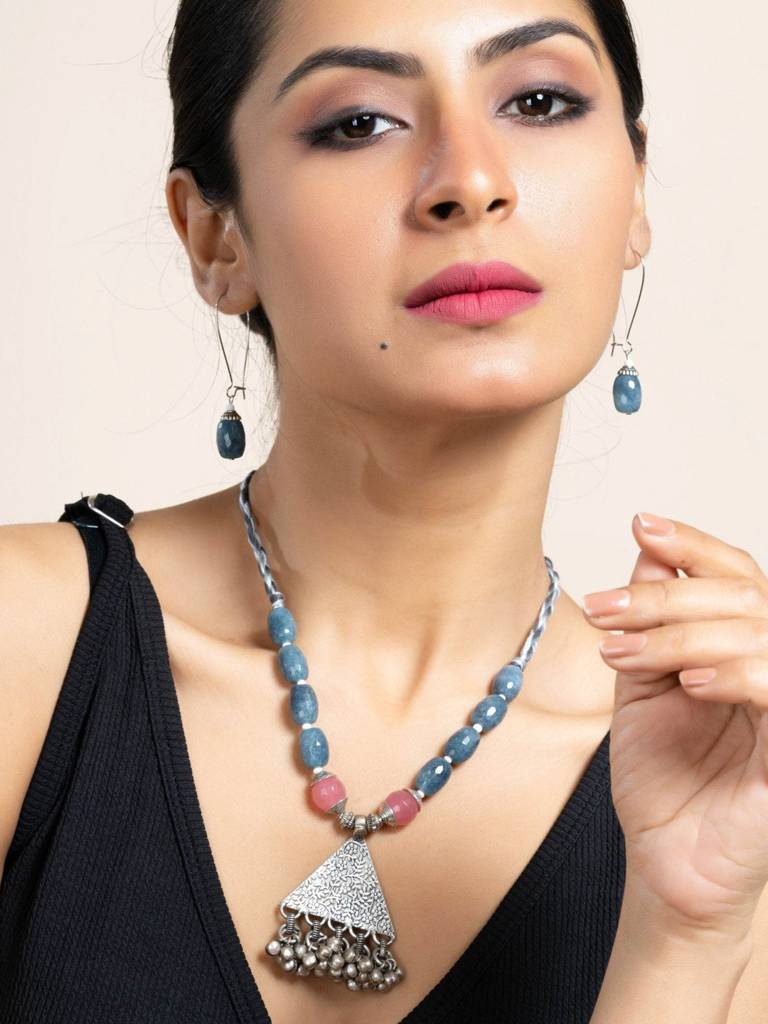 Handmade Semi Precious Pink Grey Onyx Jade With German Silver Tribal Pendant Necklace Set With Matching Earrings And : LAANP90