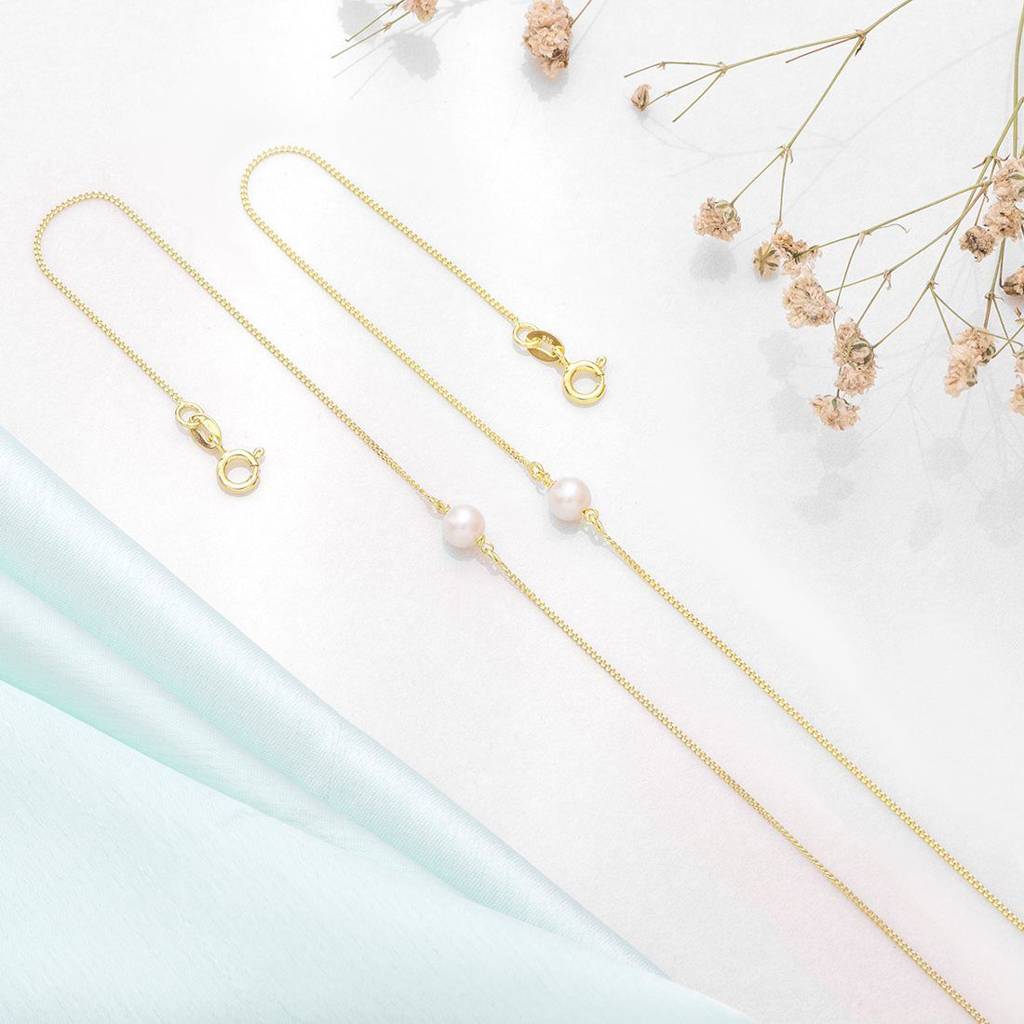 Gold-Plated & Pearl 925 Sterling Silver Chained Anklet : ANK-60247-PAIR