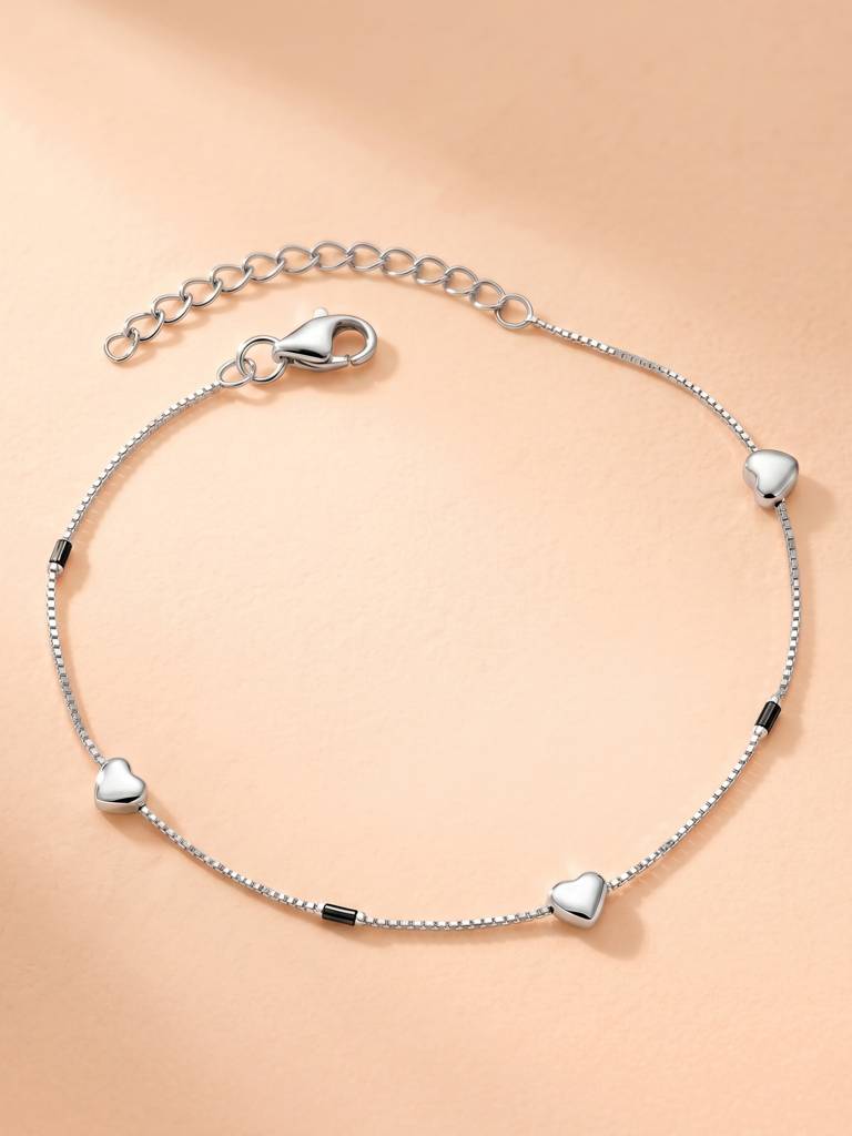 The Amour Silver Heart & Black Bar Box Chain Anklet : AK1120