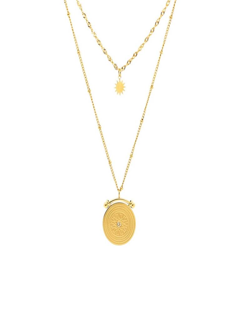 Star & Compass Pendant Layered Necklace 18K Gold Plated Anti-Tarnish Waterproof : AFC0725N43G