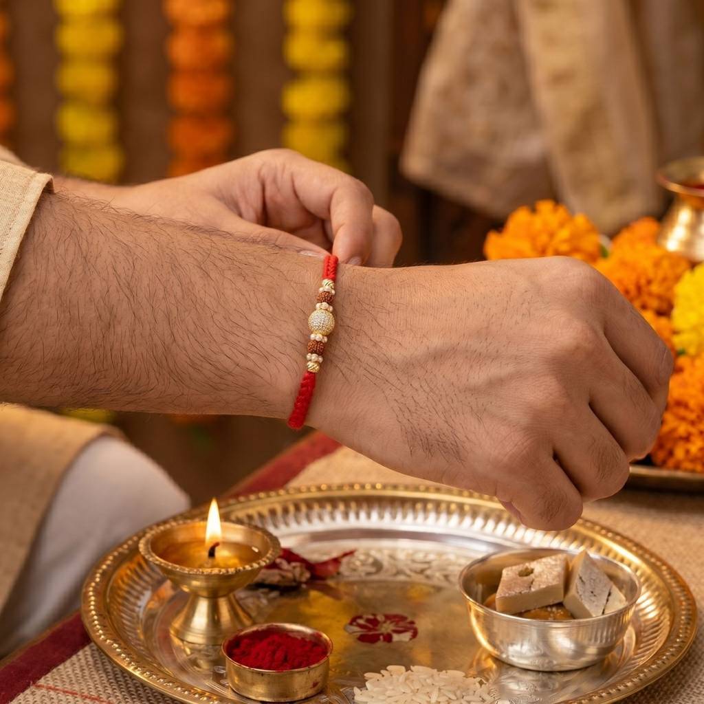 Royal Rudraksha Crystal Rakhi For Brother | Premium Designer Rakhi With Crystal Sphere, Rudraksha & Pearl Accents  : RAKHI_013